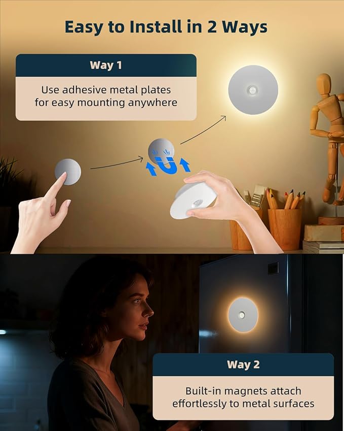 Yiliaw Motion Sensor Night Light, Rechargeable Nightlight Indoor, Dimmable Warm White with Wireless Magnetic Mount, Adjustable Brightness & 3 Color Temps for Hallway, Stair, Bathroom, Closet (4 Pack)