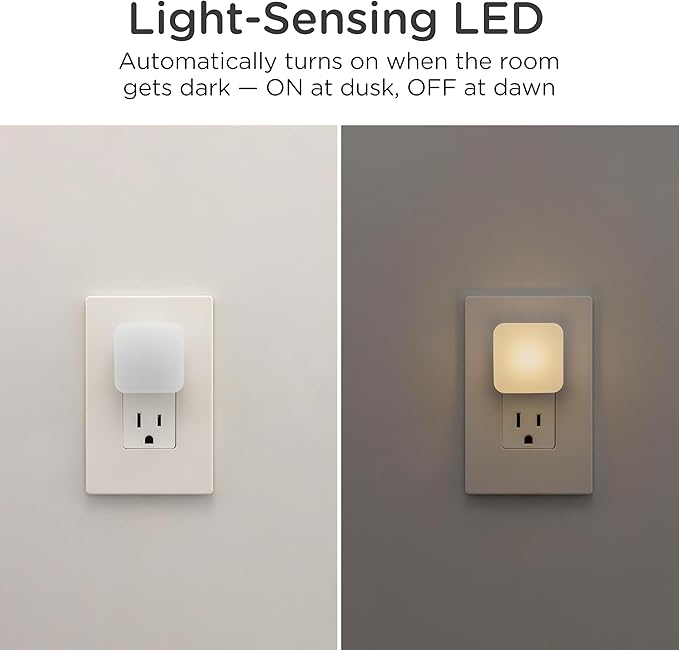 Lights by Night Mini Square LED Night Light, Plug in, Dusk to Dawn Sensor, Warm 3000K, Compact Single Outlet Design (Doesn’t Block 2nd Outlet), Ambient Lighting, Bedroom, Bathroom, 2-Pack, 82488