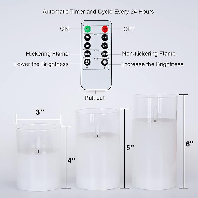Amagic Clear Glass Flameless Candles Battery Operated with Timer, Remote Control, LED Pillar Candles, Battery Powered, Valentine's Day Decor, Pure White Wax, Set of 3