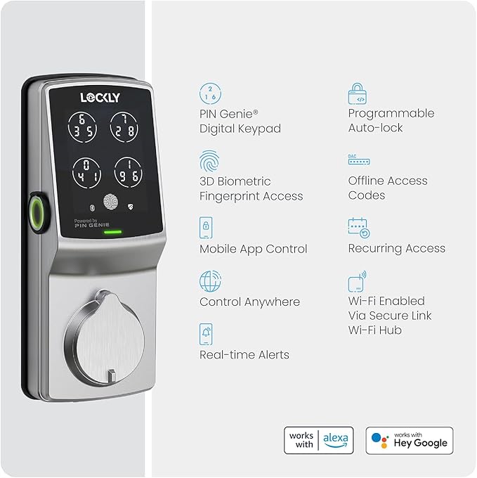 Lockly Secure Pro Wi-Fi Smart Door Lock, Keyless Entry with PIN Genie® Digital Keypad, 3D Biometric Fingerprint Sensor Front Door Lock Deadbolt, Voice Control & Auto Lock - Left Fingerprint Edition