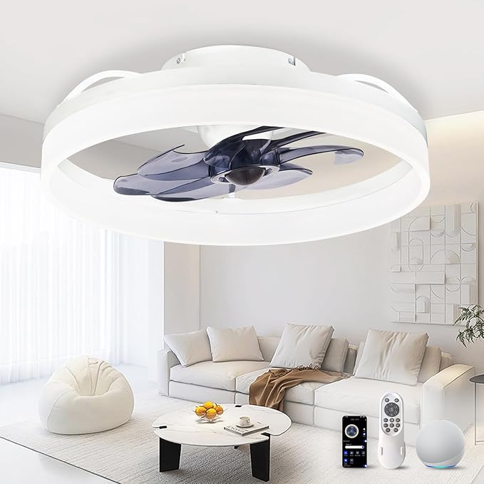 Smart Ceiling Fan with Lights and Alexa Assistant/APP/Remote Control Low Profile Fan with 6 Speeds, 15° Tilt Manal Adjustment, Stepless Color Temperature Change for Home, Office White