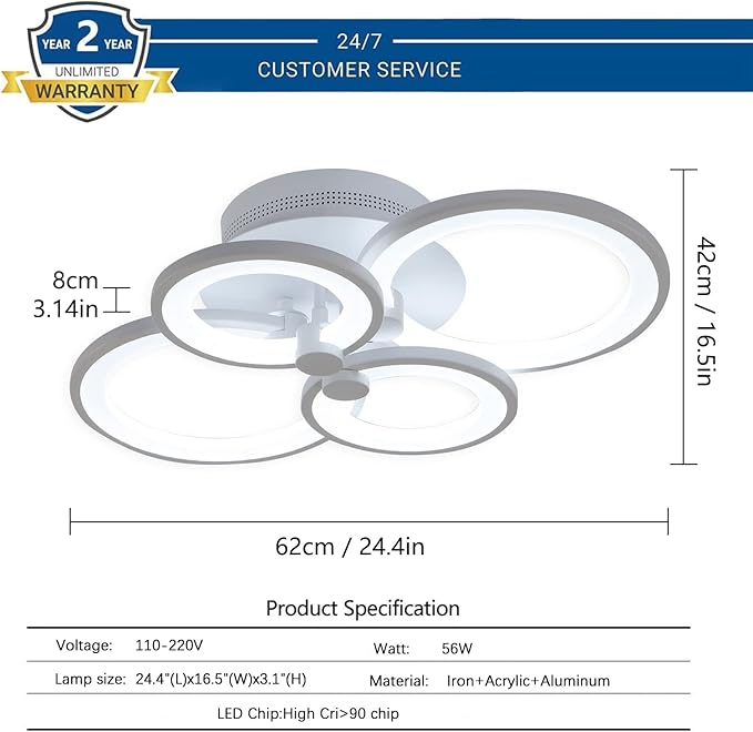 Ganeed Dimmable Modern Ceiling Light,Metal Acrylic LED Flush Mount Ceiling Light Fixtures,56W LED Chandelier Light Fixture for Living Room Kitchen Bedroom Dinner Room,3000-6500K