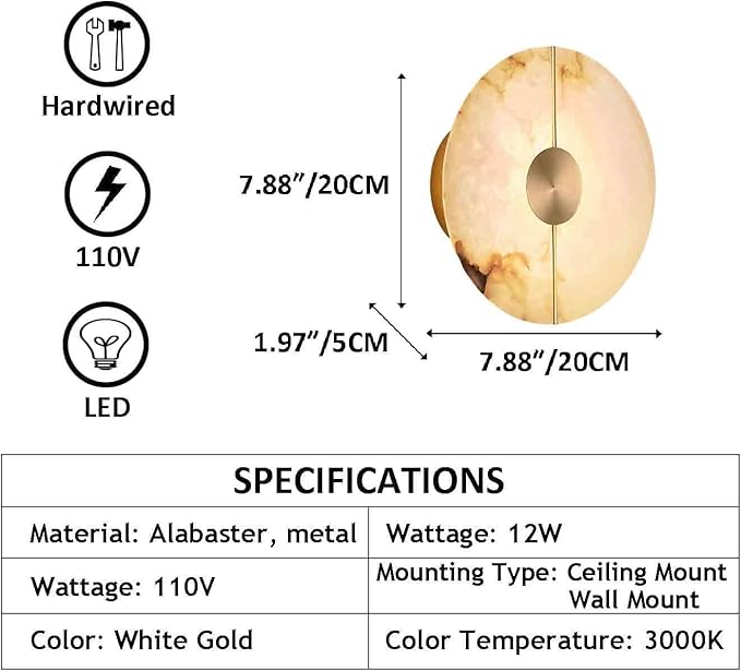 White Alabaster Wall Sconce Brass Natural Marble Wall Sconce Vintage Gold Round Store Modern LED Wall Light Fixture Mid Century Wall Mounted Lamp for Bedroom Hallway Living Room Bathroom