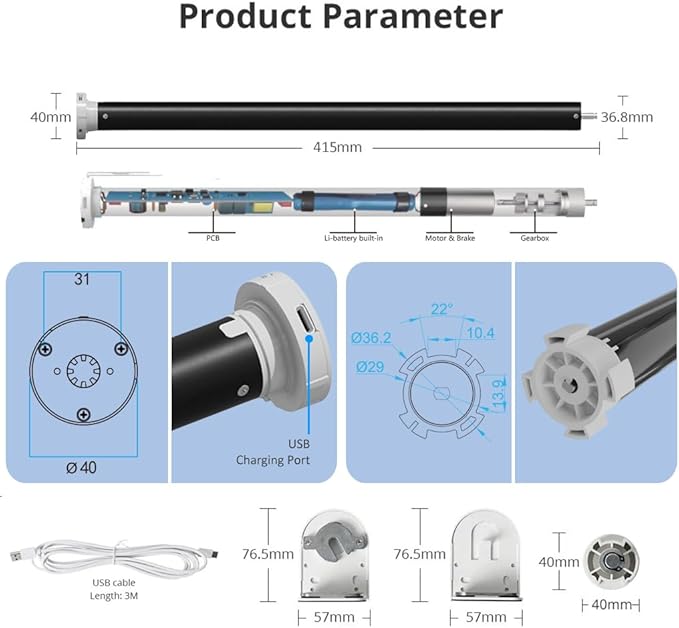Matter Over Thread Smart Roller Shade Motor with Solar Panel, 3200mAh Rechargeable Electric Blind Motor for 1.5" Tube, DIY Retrofit Kit Compatible with HomeKit Alexa Google Home (1.3 N.m Torque)