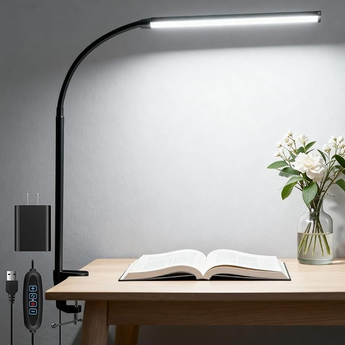 LED Desk Lamp with Clamp Clip on Reading Light Dimmable USB Small Clamp Lamp with 3 Color Modes 10 Brightness, Adjustable Flexible Gooseneck Workbench Light for Bed Headboard, Nail, Computer