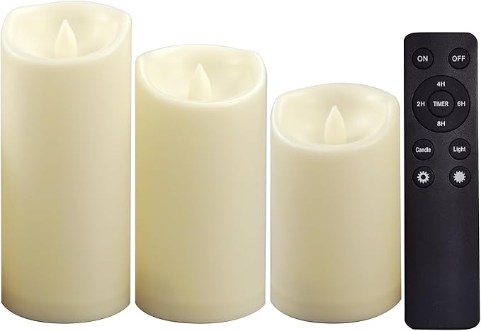 CANDLE CHOICE Outdoor Battery-Operated Flameless Candles with Remote Timer Waterproof Flickering Plastic Electric LED Pillar Lights for Lantern Patio Garden Wedding Halloween Christmas 3x5,6,7” 3 Pack