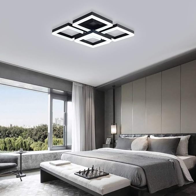 Garwarm Modern LED Ceiling Light, Black Flush Mount Light Fixtures,64W Ceiling Lamp for Living Room Bedroom Dining Room, 5 Square Metal Acrylic Surface Mount Chandelier Cool White 6000K