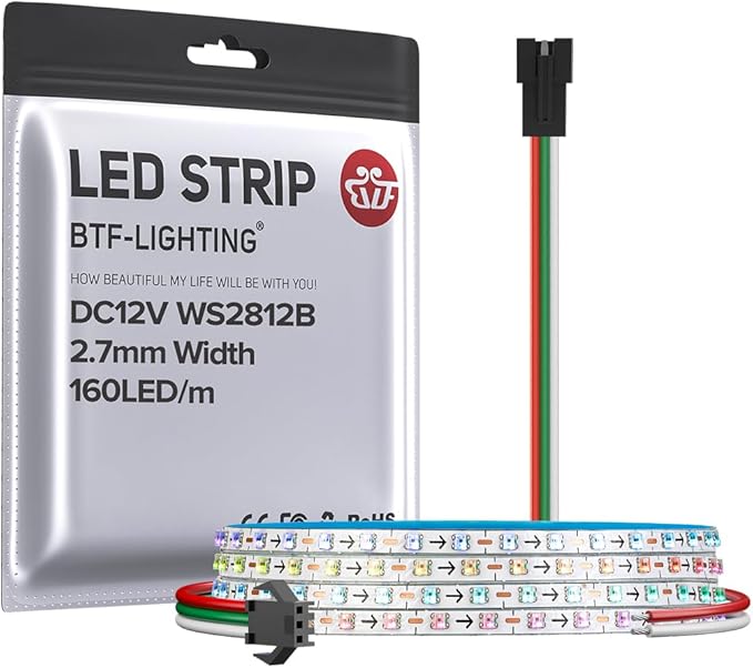 BTF-LIGHTING WS2812B IC RGB 2.7mm Ultra Narrow LED Strip 0807SMD DC12V Individually Addressable 6.4FT 160Pixels/m 320LED Dream Color Tape Light for Home DIY Decoration IP30 (No Adapter or Controller)