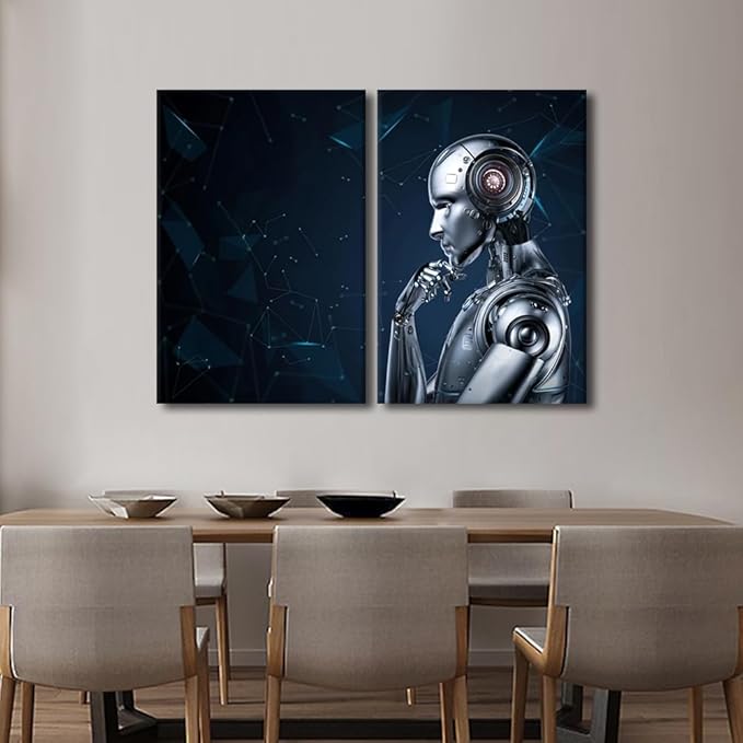 TUMOVO 3 Pieces Decor Robot Pictures Paintings Data Analysis Canvas Wall Art Artwok Modern Home Decorations for Living Room, AI Giclee Framed Ready to Hang Posters, 24" Wx16 H