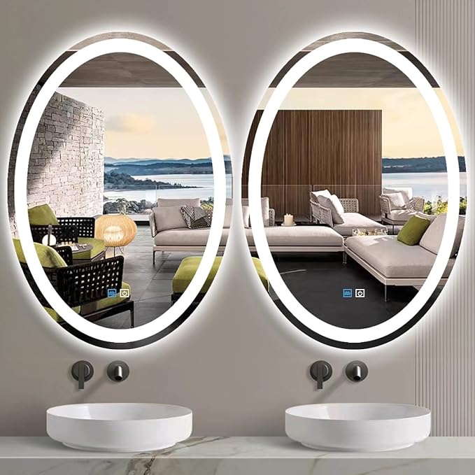 24 x 32 Inch Oval Vanity Mirror with Lights Oval LED Mirror for Bathroom Wall Mounted Oval Lighted Mirror Dimmable 3 Color Light Oval Mirror Anti Fog 32" Bathroom Oval Smart Light up Mirror
