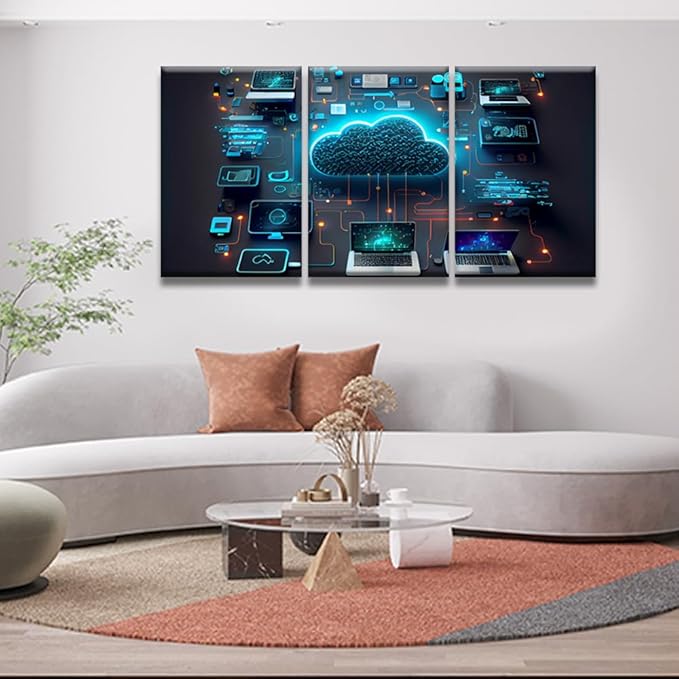 LSIUHWUWI Modern Wall Art for Living Room Cloud Technology Computing Smart Home Communication Laptop Pictures for Home Wall Decoration,Print On Canvas Wooden Framed Ready to Hang, 16x24inchx3