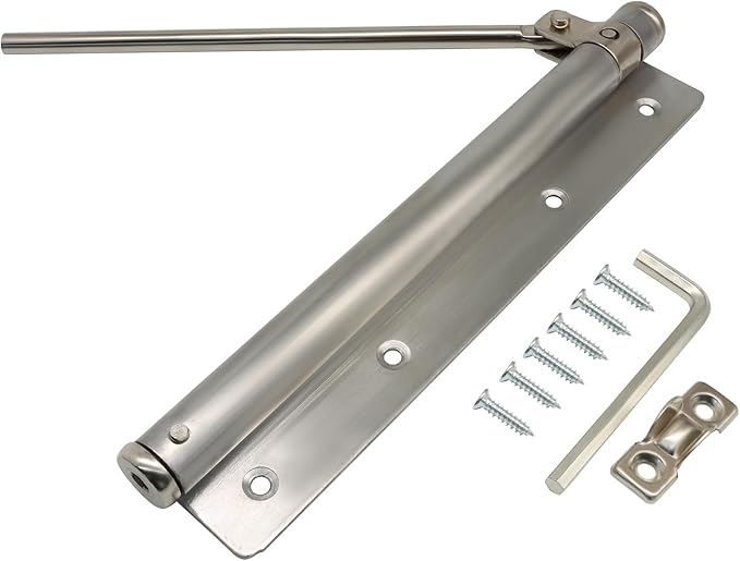 Automatic Door Closer, 150° Opening Angle Spring Self Closing Hinges Stainless Steel Soft Close Auto, Adjustable Catch Speed Latches for Commercial and Residential, Silver
