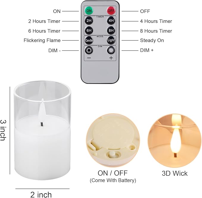 12Pack Glass Flickering Flameless Candles with Remote, 2"X3" Real Wax Votive Candles Battery Operated, Small Electric LED Candles for Wedding Home Decor, w/4 Timers+2 Lighting Modes [Clear]
