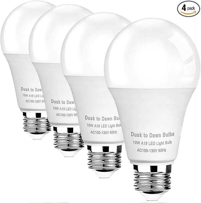 4-Pack Dusk to Dawn Light Bulbs Outdoor, 10W (75W Equivalent) E26 A19 LED, 4000K Cool White, 1100LM, Auto On/Off Sensor Security Bulb for Porch, Garage, Garden