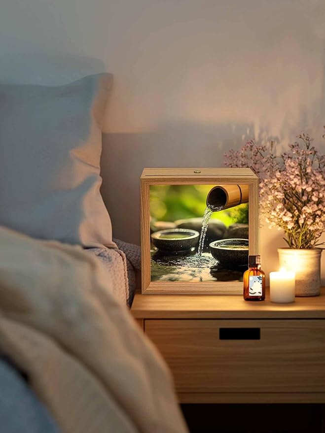 Wood Night Light Box 4.5x4.5in,Zen Meditation Lake Water Table Lights Wooden Picture Frame with USB Rechargeable Touch LED Lights for Home Decor Desktop Display,Natural Landscape