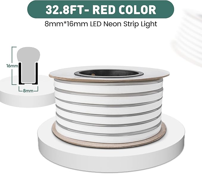 GZBtech Flexible LED Neon Rope Lights 33FT,AC 110-120V Waterproof Strip Light, 120 LEDs/M Cuttable Connectable Neon Lighting for Indoor Outdoor Home Decor/Commercial Building Use-Red 10M, ETL Listed