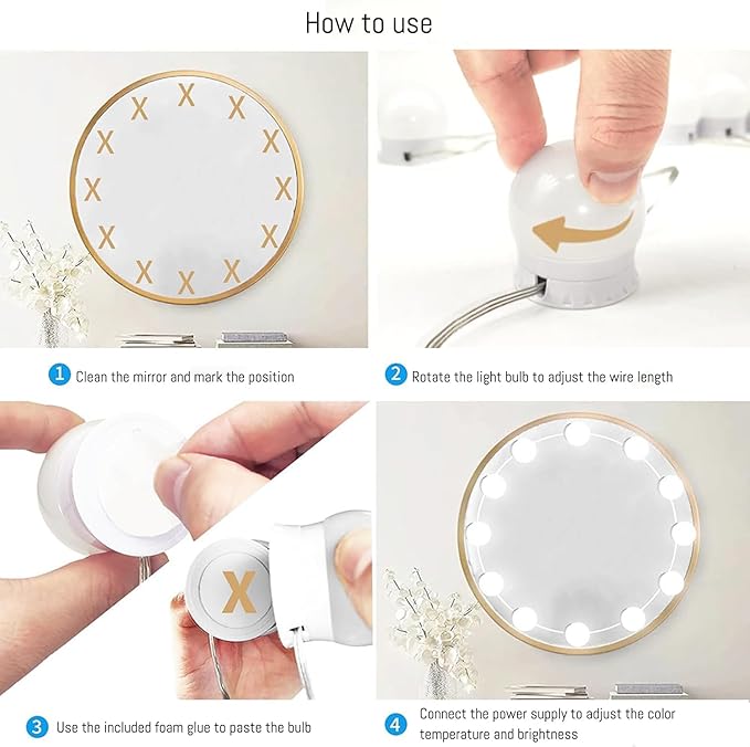 LED Vanity Lights for Mirror Hollywood Style USB Fill Light Adjustable Color and Brightness Mirrors Lights Stick on Makeup Table,Bathroom,Dressing Room (No Mirror Include) (14 Bulbs)