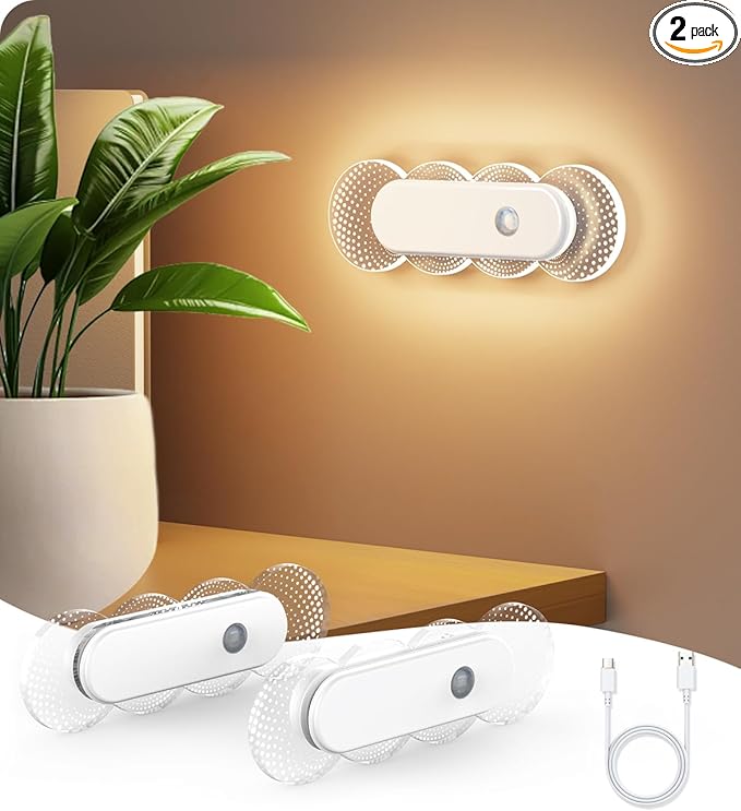 Motion Sensor Night Light for Bathroom & Toilet, Rechargeable Wireless Stick-On Indoor Lights, Magnetic No Drill for Hallway Stairs Bedroom, Warm White 3000K LED, Auto On/Off, 2 Pack