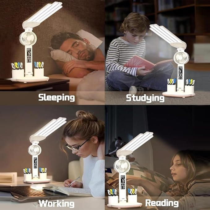 Led Desk Lamp with Fan Study Light with Clock, Adjustable Foldable Table Lamp with Pen Holder, 3 Brightness Levels, USB Charging Port