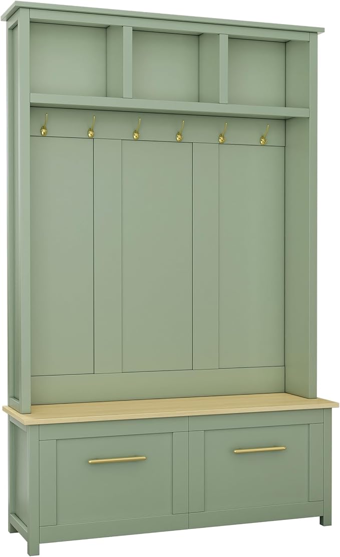 Merax Versatile 4-in-1 Hall Tree with 6 Golden Hooks, Wood Grain Bench with Multiple Storage Space, Entryway Coat Rack with 2 Drawers for Living Room, Hallway, Mint Green