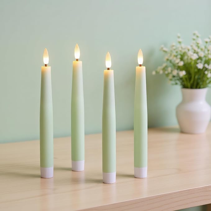 Green Flameless Taper Candles, Spring LED Flickering Taper Candles Battery Operated with Remote Timer, 4 Pcs Flameless Candlesticks for Spring Wedding Home Decorations(D0.78” x H8.1”)