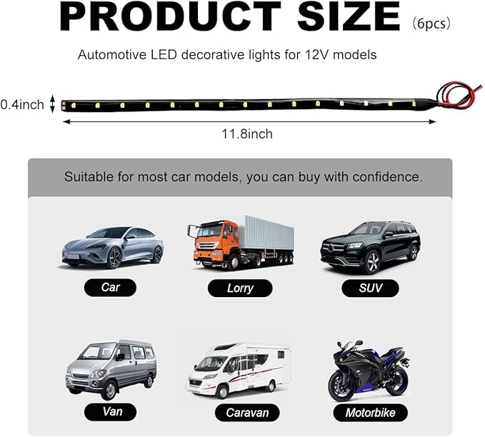 6 PCS 15 LED Strip Underbody Light, DC 12V 1Ft Flexible Underglow Car LED Light Strip with 6 Inch Wire, Waterproof LED Interior Exterior Decoration for Car Truck Motorcycle (White)