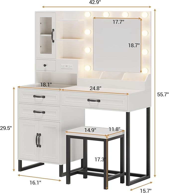 BTHFST Makeup Vanity Desk with Mirror and Lights & Charging Station & Makeup Stool, Vanity Table Set with Glass Top Storage Drawer & Beach & 3 Shelves for Bedroom (Modern White & Black)