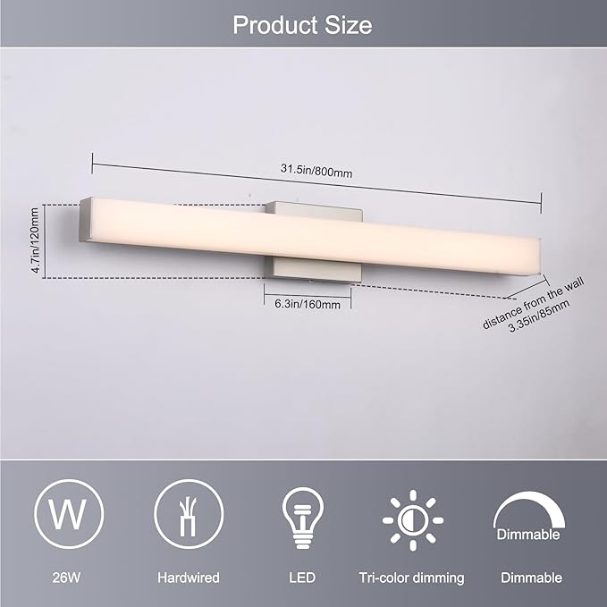 Brushed Nickel LED Vanity Light, 31.5-Inch 24W Bathroom Fixture Over Mirror, 3 Color Temp Adjustable Anti-Fog Lighting for Dressing Table