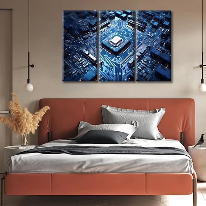 Technology Blue AI Wall Art for Living Room Circuit Board Pictures Canvas Wall Art Chip Pictures Posters Modern Wall Decor Art for Bedroom Office Paintings Giclee Framed Ready to Hang, (36"Wx24"H)