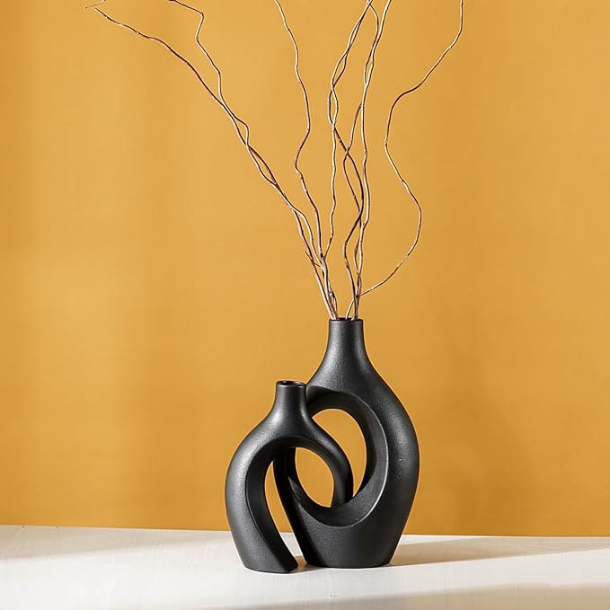 Extra LargeMatte Black Ceramic Vase Set of 2 Vase for Pampas Grass, Modern Circle Donut Aesthetic Flower Decorative Vases for Nordic Style Boho Home Decor (W 6.8" X H 11")