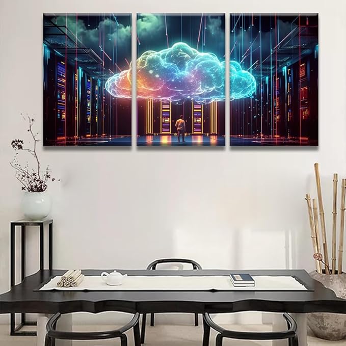 Modern Wall Art 3 Panel Cyber Security, Cloud Managed, Circuit Board Pictures Print On Canvas for Living Room Bedroom Decoration, Framed Gallery-Wrapped Ready to Hang, 16x24inchx3
