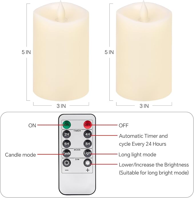 2PCS, 3 x 5 inches Flameless Candle with Remote Control, 3D Flickering Wick, Real Wax,with Timer,Battery Operated Candles,for Holiday Home Decor,Ivory