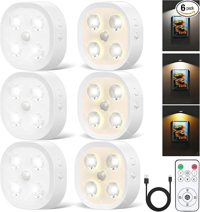 Under Cabinet Lighting, 1500mAh Rechargeable Motion Sensor Puck Lights with Remote, 3 Color Temper, Magnetic Stick on Light, Dimmable Under Counter Lights for Kitchen, Shelf, Stair(6P)