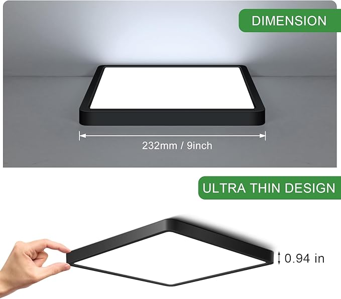 9Inch 18W Square LED Ceiling Light Fixtures Flush Mount, 6000K Cold White LED Ceiling Lamp, Surface Mount Modern Ceiling Lights, Black Slim Flat Panel Lighting for Bedroom, Kitchen, Bathroom Etc