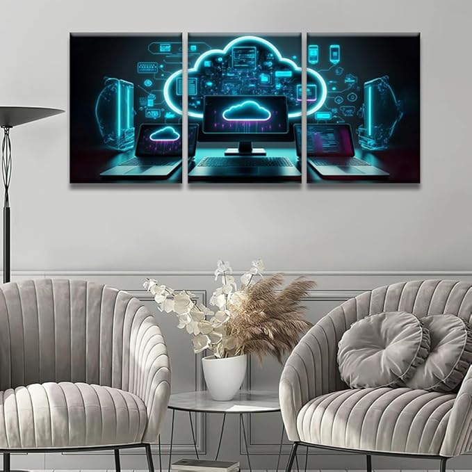 LSIUHWUWI 3 Panel Canvas Wall Art Modern Cloud Technologies Neon Colors Cyber Space Pictures Print On Canvas for Living Room Bedroom Wall Decoration, Posters Ready to Hang, 12x16inchx3