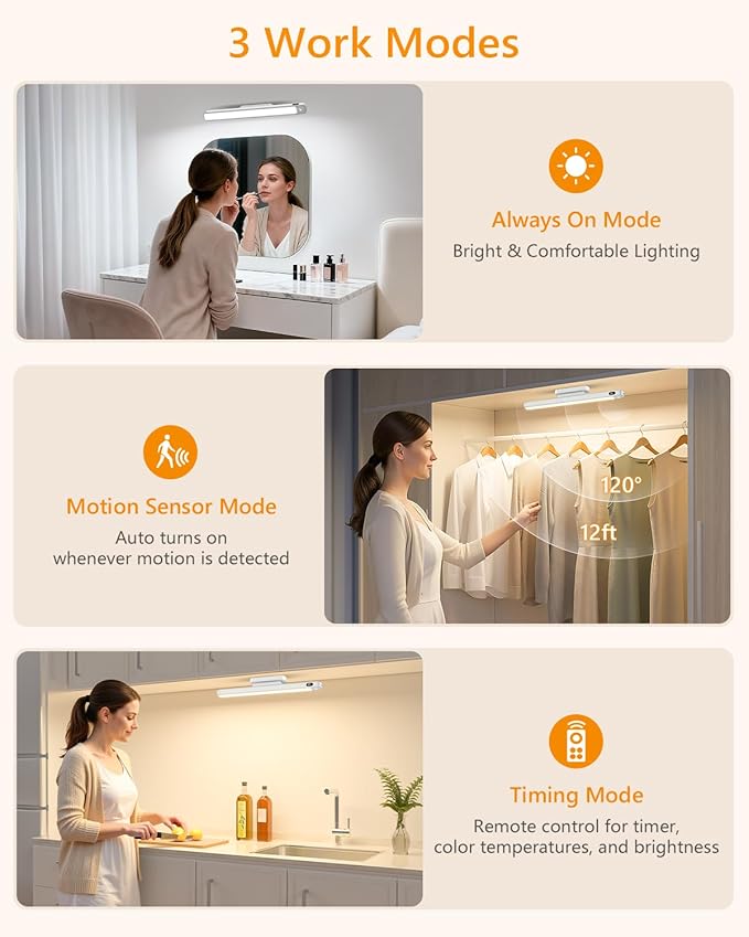 WILLED 5W Motion Sensor Magnetic Light Bar with Remote, Eye-Care Under Cabinet Lighting with Battery Level Display, Vanity Lights for Mirror, Stick on Lights for Cabinet, Closet, Desk and Bathroom