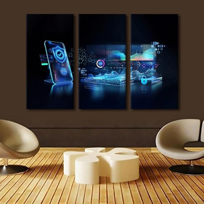 TUMOVO Multi Panel Canvas Wall Art Cyber Security and Data Protection Concept Pictures Print on Canvas Artwork for Home Office Wall Decorations Framed Ready to Hang, 60" Wx40 H