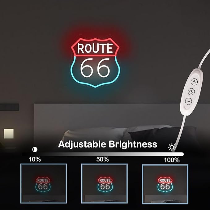 ROUTE 66 LED Neon Sign for Wall Decor USB Adjustable Brightness Living Room Bars Barbers Pub Wedding Party Salon Club Gatherings Gaming Room Man Cave Halloween Christmas Birthday Art Wall Decor