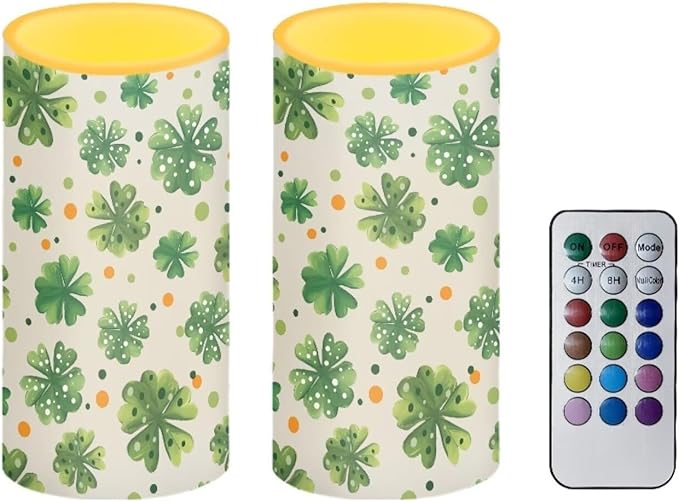 Lucky Leaves Flameless Candles St Patricks Day Candles Battery Operated Candles with Remote Control Color Changing LED Pillar Candles for Dining Room Bedroom Home Decorations