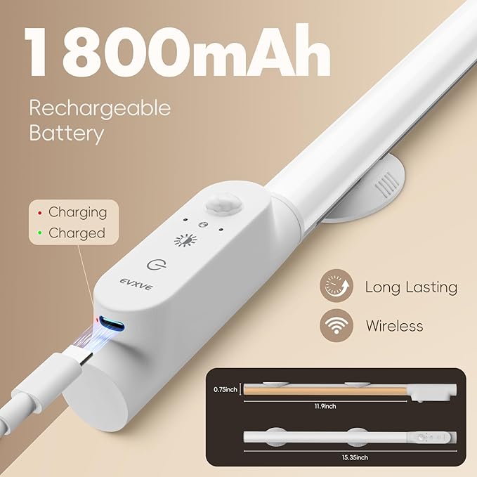 15.4" Motion Sensor Closet Lights, 180° Rotatable Under Cabinet Lighting Wireless, 180 Lumens Rechargeable Magnetic Indoor Light Bar, 3 Colors Dimmable for Wardrobe, Kitchen, Pantry (2 Pack)