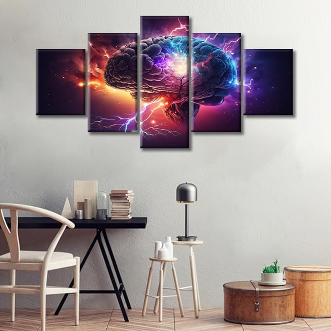 Wall Decor Neuronal Impulses Canvas Wall Art Brain Power Lightning Modern Artwork for Office Abstract Brain Picture Print on Canvas Framed Ready to Hang for Living Bedroom, (60"Wx32"H)