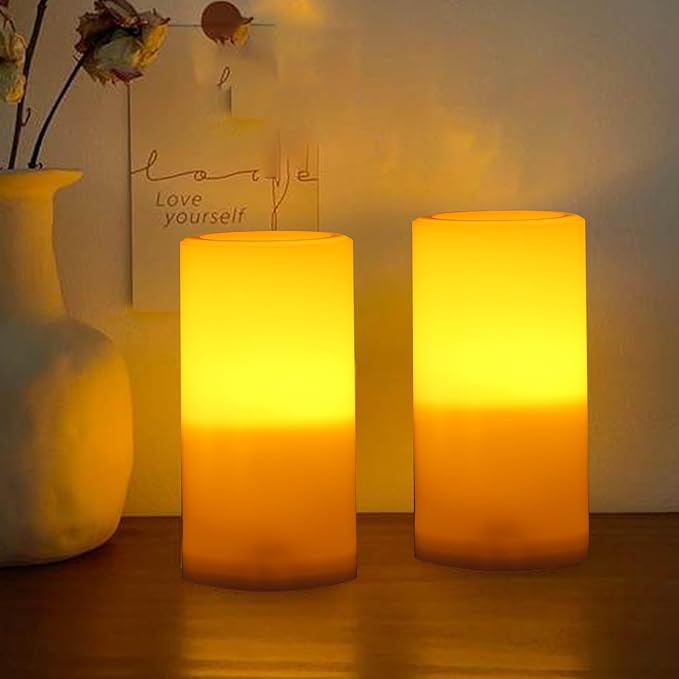 CANDLE CHOICE Outdoor Battery Operated Flameless Candles with Remote Timer Waterproof Flickering Plastic Electric LED Pillar Lights for Lantern Patio Garden Wedding Party Decorations D3”xH6” 2 Pack