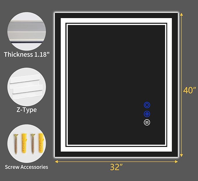 40"x32" LED Bathroom Mirror with Anti-Fog, Stepless Dimmable Lights, 3 Color Modes, Shatter-Proof Tempered Glass,Waterproof Design