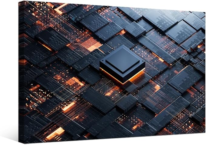 Abstract Design Canvas Wall Art Decor Central Computer Processors CPU Pictures for Bedroom Digital Age Office Wall Art Framed Circuit Board Modern Artwork for Living Room Bedroom 12x16 INCH