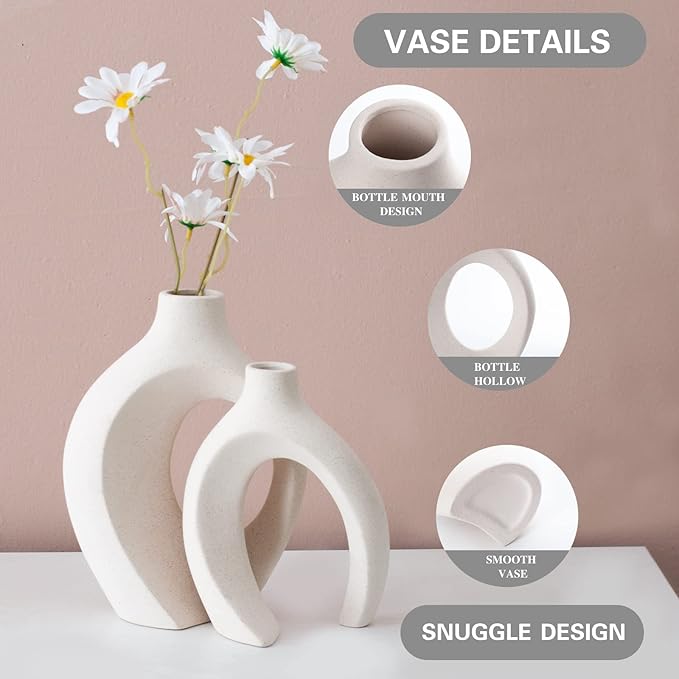 Ceramic Vases for Home Decor Set of 2, Off White Boho Small Flower Vase, Minimalist Decorative Modern Donut Vase for Living Dining Room Office Entryway Book Shelf Coffee Console Table Décor