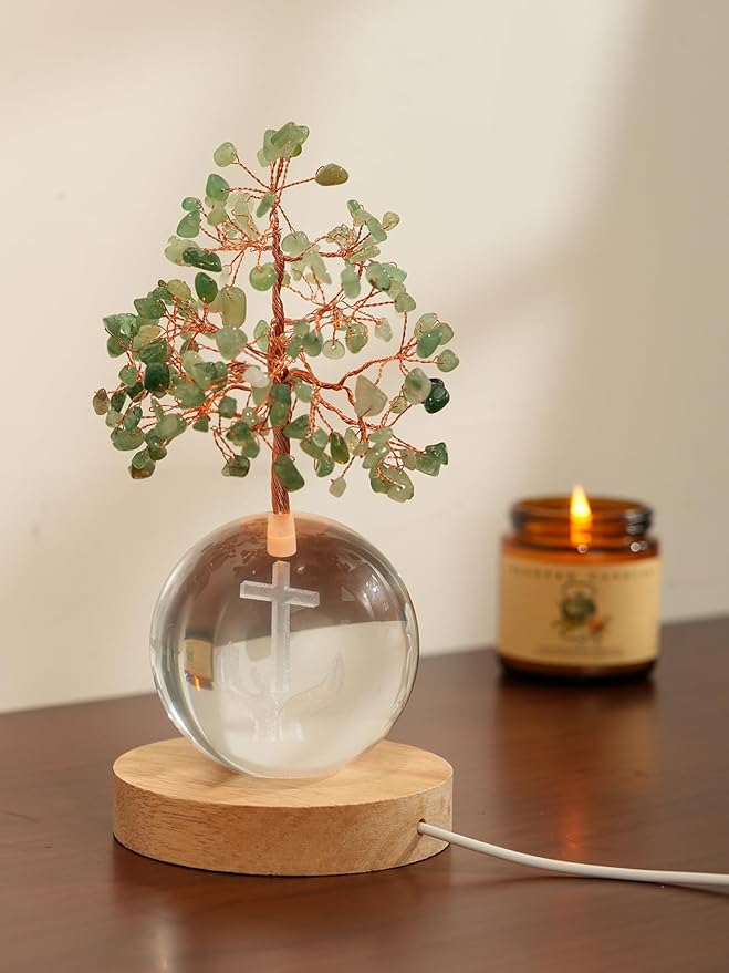 Crystal Tree of Life for Positive Energy, Chakra Healing Tree with Remote Control Multicolor Night Light for Home Decor, Office Desk Decor, Religious Gifts for Women Men (Cross & Hands)