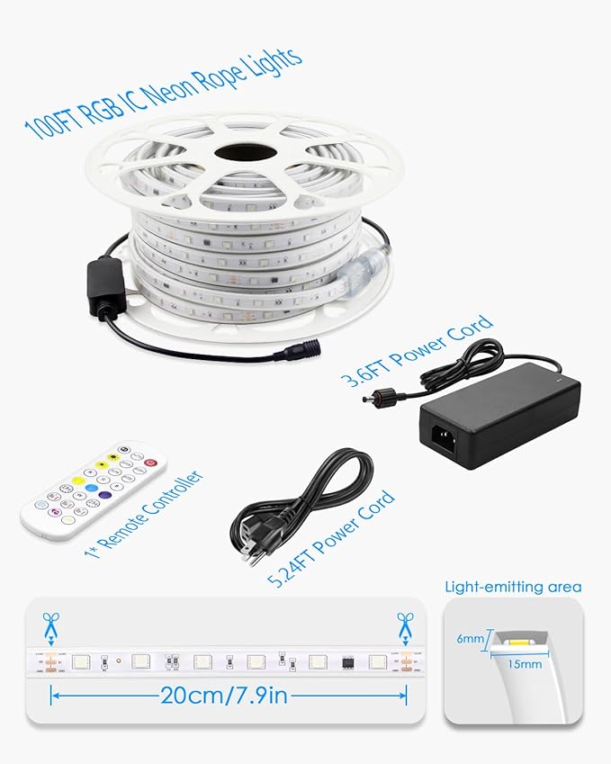 ALITOVE Permanent Outdoor LED Strip Lights 100FT Waterproof 24V RGB IC LED Strip Lights Addressable LED Rope Lights IP67 Music Sync with Remote APP Control for Wall Patio Eave Garden Pool Party Decor