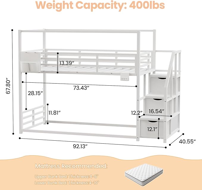 Low Bunk Bed Twin Over Twin with Storage Staircase, RGB LED Lights, Drawers & Shelves, Metal Bunk Beds for Kids with Power Outlet, Double Full-Length Guardrails & Metal Slats for Small Space, White