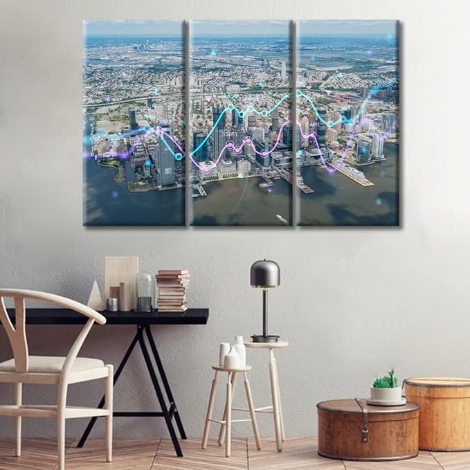 3 Pieces Concept of Internet Trading Brokerage and Analysis Painting Artwork Home Decor New Jersey City Financial Downtown Skyscrapers Wall Art for Living Room Framed Ready to Hang (42"Wx28"H)