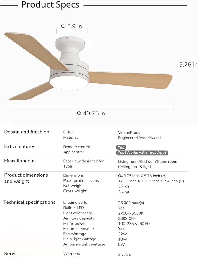Orison 42-Inch Ceiling Fans with Lights, Low Profile, Flush Mount, Features RGB Backlight, Dimmable Lighting, 6 Speeds, 3 Reversible Blades, Remote and App Control, White
